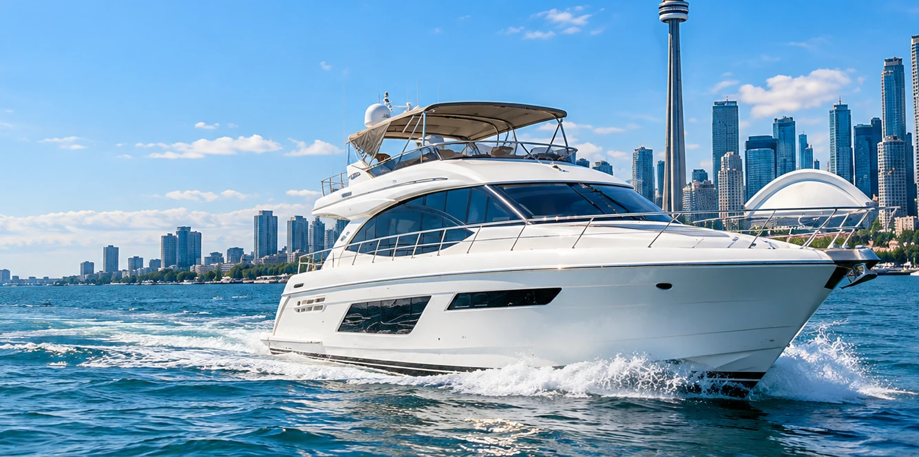 White motor yacht on Toronto waterfront — illustrative concept